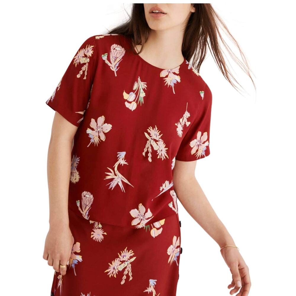 Madewell Red Birds of Paradise Floral Print Button Up Short Sleeve Top Size S